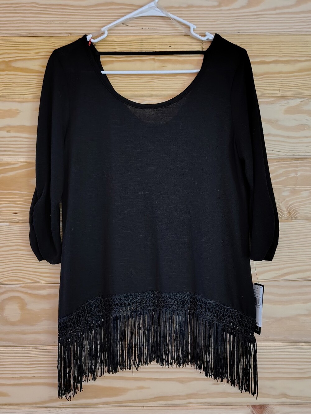 New A. Byer Black Scoop Neck Fringe Hem Tunic Top M Strap Back Rouch 3/4 Sleeves